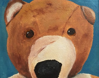 Whimsical teddy bear print, naive painting of vintage toy, bear art, kids room decor, nursery style, baby shower gift, bear lover gift, 5x5"