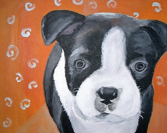 Boston Terrier art print, original dog painting, terrier portrait, naive art, colorful puppy art, dog lover gift, whimsical dog decor, 8x10"