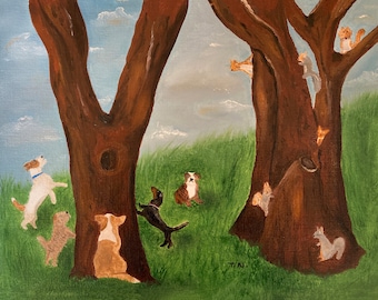 May include: A painting of two brown trees with a variety of dogs and squirrels. The dogs are brown, white, and black. The squirrels are brown and gray. The dogs are looking up at the squirrels in the trees. The painting is set against a green grassy background with a blue sky.
