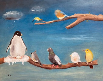 Penguin and birds art print, humorous bird art, naive style, whimsical bird painting, kids room or nursery decor, bird lover gift, 8x10"