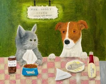 May include: A painting of a cat and a dog sitting at a table in a diner. The diner is called "The Dodgy Diner" and is open 24 hours a day. The cat is drinking from a can labeled "Bone Brew" and the dog is eating a fish. There is a bottle of "Sardine Nap" on the table.