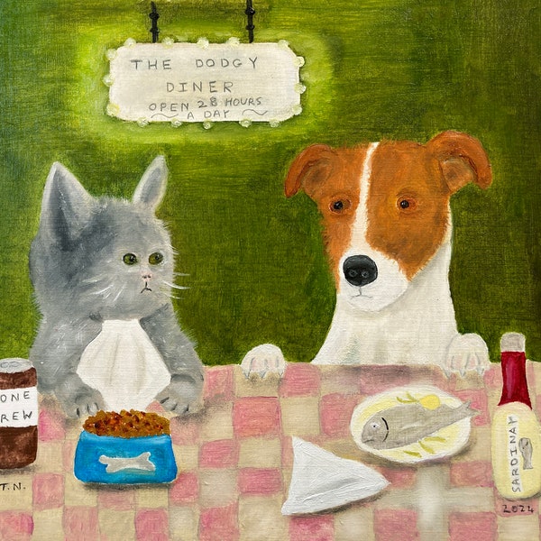 Humorous 8x10" art print of a grumpy cat and a sad dog in a dodgy diner, bad service, jack russell art, funny dog or cat lover gift