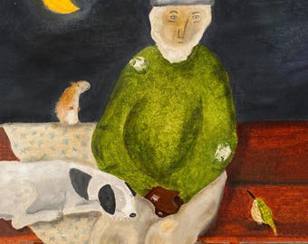 May include: A painting of a man wearing a gray hat and green sweater sitting on a bench with a dog and a bird. The man is holding a brown object. The background is a dark blue sky with a crescent moon and stars. The text "THE KINDNESS OF STRANGERS" is written on the bench.