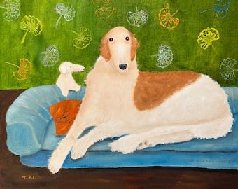 May include: A white and brown Borzoi dog lays on a blue couch with a small white dog sitting on the couch behind it. The couch is in front of a green wall with yellow and white floral designs. The text "THE BORZOI LOUNGE" is written on the couch.