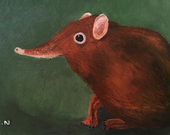 May include: A painting of a brown, furry animal with a long, pink snout and large, black eyes. The animal is sitting on a green background. The painting is signed "T.N."