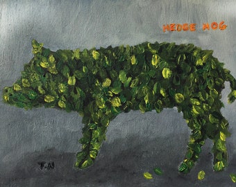 May include: A painting of a green hedgehog on a gray background. The hedgehog is made up of green and yellow leaves. The text "HEDGE HOG" is written in orange above the hedgehog.