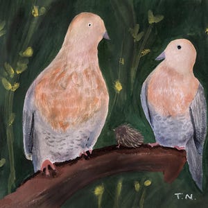 Art print of 5x7&quot; dove painting, bird art, woodland family portrait, baby shower, whimsical nursery decor, humorous wall art, bird lover