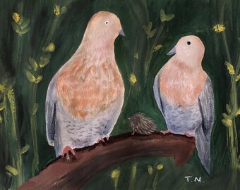 May include: A painting of two light brown and gray birds perched on a branch. The birds are facing different directions. The background is a dark green with yellow flowers.