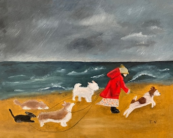 Dogs on the beach art print with Corgi, Dachshund, Westie, and terrier, whimsical dogs in storm, humorous dog art, dog lover gift, 8x10"