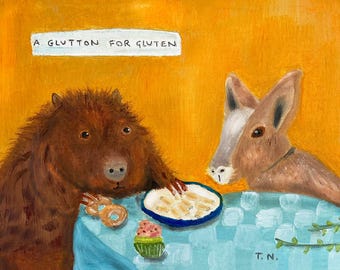 May include: A painting of two animals, a brown bear-like creature and a brown rabbit-like creature, sitting at a blue and white checkered table. The bear is eating a plate of white sticks, while the rabbit looks on. The table has a cupcake, pretzels, and a sign that reads "A glutton for gluten".