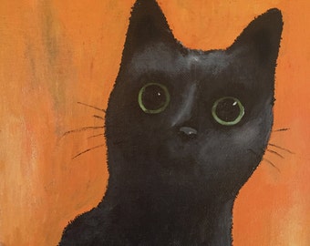 Cuadro de gato, impresión original de gato negro, retrato de gatito, gato con insecto, arte mural caprichoso, estilo naif, arte de gato enmarcado, regalo para amantes de los gatos, 8x10