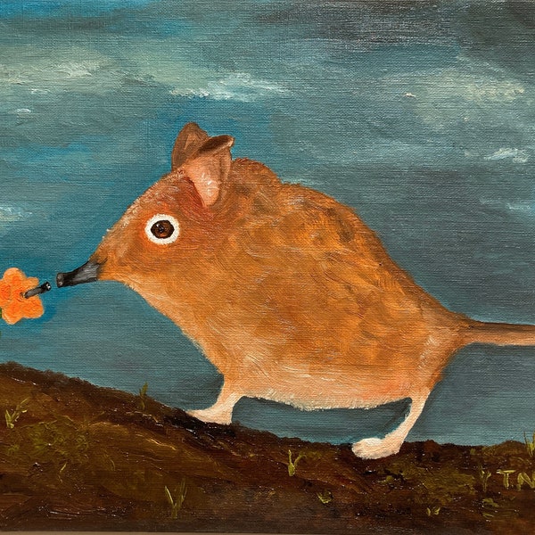 Animal portrait, framed whimsical art, Elephant Shrew with flower, original art prints, naive art, kids room decor,  shrew painting,  8x10