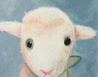 May include: A watercolor painting of a white lamb with green eyes and a green and orange scarf. The lamb is looking at the viewer with a sweet expression. The background is a light blue.