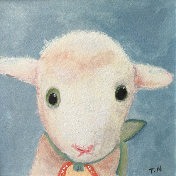 Lamb print, vintage Steiff lamb, sheep painting, naive sheep portrait, sheep lover gift, nursery art, kids room decor, baby shower gift, 5x5