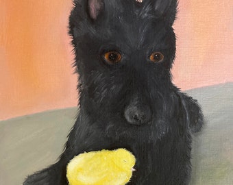 Scottie and chick print, whimsical Scottish Terrier dog art, dog decor, dog lover gift, unlikely friends painting,  kids room decor, 8x10"