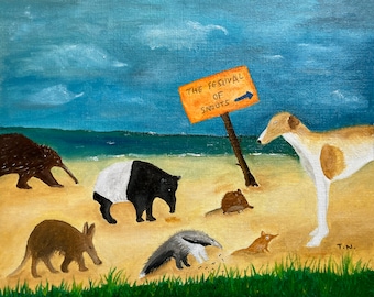 Art print of long snout animals on the beach, anteater, borzoi, aardvark, tapir, elephant shrew, kids room decor, whimsical painting, 8x10
