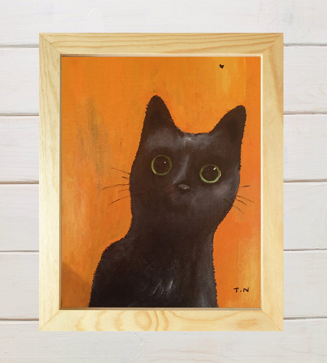 Cat Painting, Original Black Cat Print, Kitten Portrait, Cat With Bug