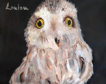 May include: A painting of a white owl with yellow eyes. The owl is looking directly at the viewer. The painting is titled "Loulou" in white text.