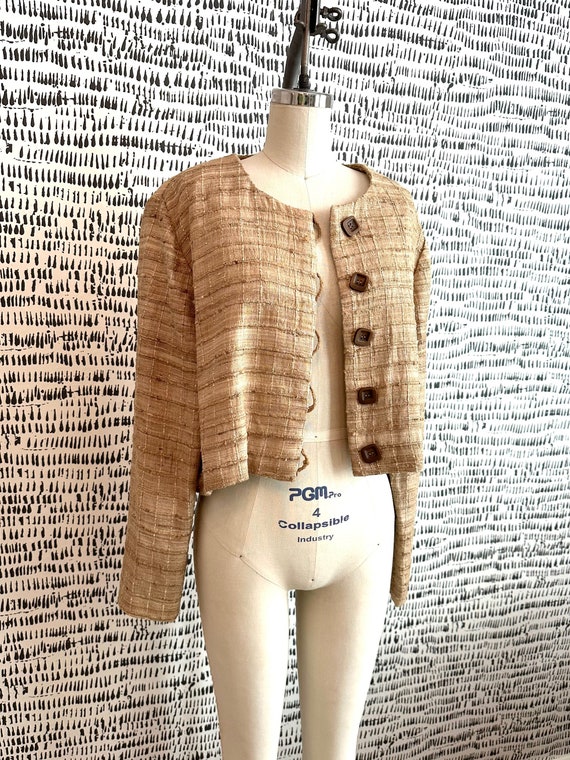 Cropped 60s Silk and Linen Golden Beige Jacket Siz