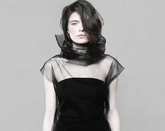 Puede incluir: Una mujer con un top negro transparente de cuello alto y un vestido negro.