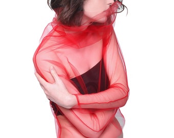 Red mesh turtleneck top Futuristic clothing Red sheer top Transparent top High neck sheer top Extravagant top Avant garde Red tulle top