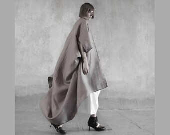 Avant-garde linen cocoon coat Deconstructed Linen kimono style dress medieval linen cloak loose fit gypsy boho linen poncho cape