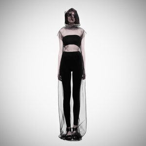 Mesh Überkleid Rollkragen Tüll / Futuristisches schwarzes transparentes Kleid / Goth durchsichtiges langes Top / Avantgarde Kleid / Techwear transparentes Kleid