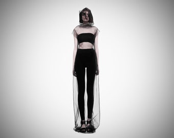Mesh turtleneck tulle overdress / Futuristic black sheer dress / Goth see through long top / Avant-garde dress / Techwear transparent dress