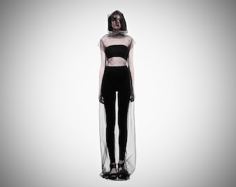 Mesh turtleneck tulle overdress / Futuristic black sheer dress / Goth see through long top / Avant-garde dress / Techwear transparent dress