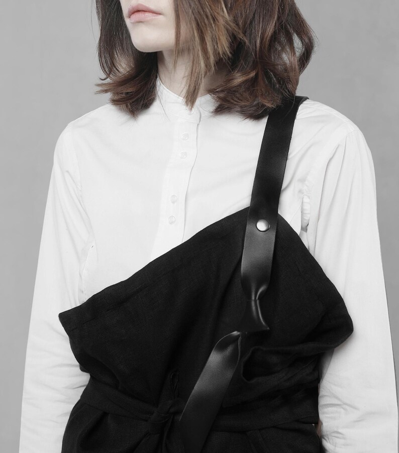 Avant Garde Black Overall Skirt: Deconstructed Pinafore with Leather Strap. Japanese Avant Garde clothing image 9