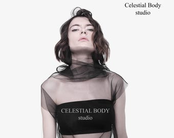 Avant garde Sheer Tulle Turtleneck Top. Gothic Black Mesh. See though t-shirt. Avant garde clothing