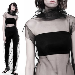 Black Mesh dress Sheer overdress Futuristic dress Avant-garde dress Cyberpunk dress Tulle Sheer turtleneck top Berghain Gothic Techwear