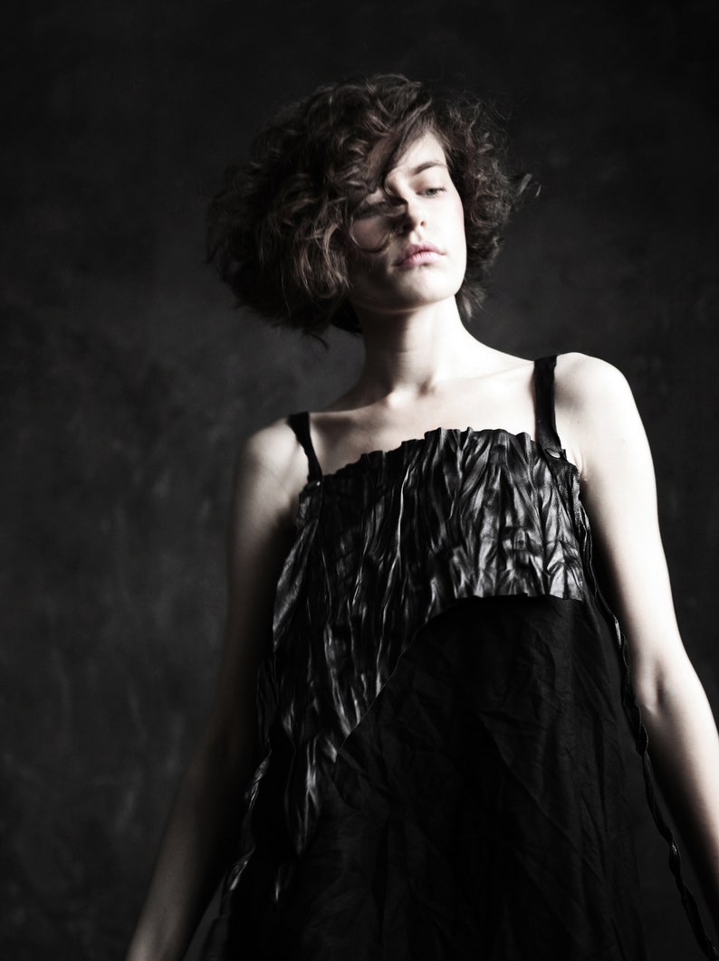 Avant-garde linen dress with leather top deconstructed linen dress futuristic jumpsuit cyberpunk dresspost-apocalyptic dressburning man