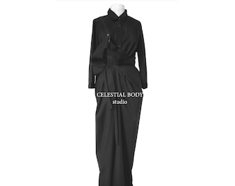 Black Pinafore skirt with Leather Strap. Avant Garde Black Maxi Skirt. Avant Garde clothing for women. Japanese avant garde fashion