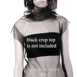 May include: A black sheer top with a high neckline and a ruffled collar. The text "black crop top is not included" is printed on the front of the top. The text "CELESTIAL BODY studio" is printed on the bottom of the top.