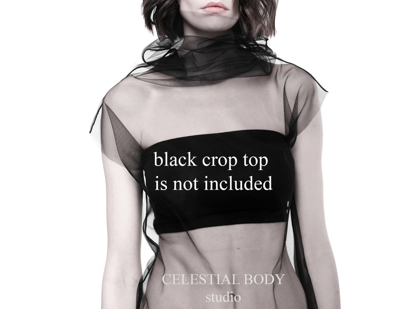 May include: A black sheer top with a high neckline and a ruffled collar. The text "black crop top is not included" is printed on the front of the top. The text "CELESTIAL BODY studio" is printed on the bottom of the top.