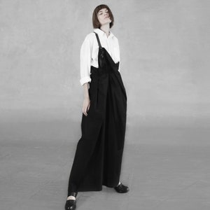 Avant Garde skirt Black overall skirt with single leather strap Deconstructed pinafore Apron style dress Lagenlook skirt Long blacAvant Garde Black Overall Skirt: Deconstructed Pinafore with Leather Strapk skirt