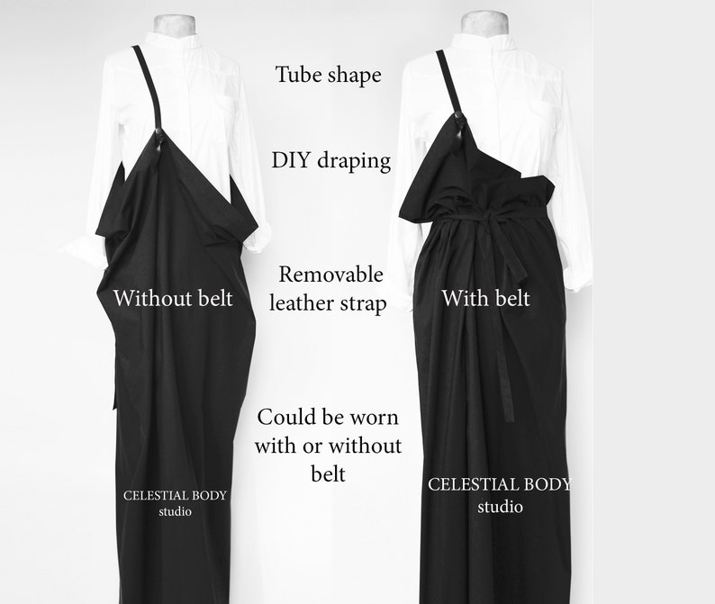 May include: Two mannequins wearing a black tube-shaped dress with a removable leather strap. The dress can be worn with or without a belt. The dress is labeled "CELESTIAL BODY studio".