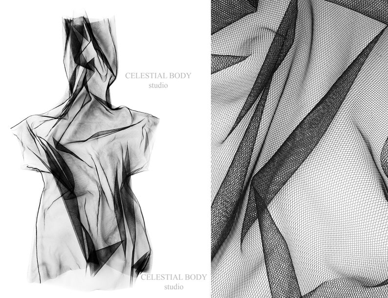 May include: Black sheer fabric draped over a mannequin. The fabric is textured and has a grid pattern. The text "CELESTIAL BODY studio" is visible in the image.