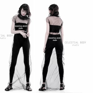 Black sheer tulle overlay dress. Futuristic dress. Cyberpunk dress. Avant-garde mesh overdress. Goth Transparent dress. Burning man dress
