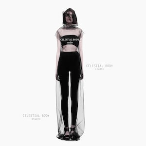 Japanese Avant-garde black sheer tulle overlay dress Futuristic dress Cyberpunk dress Gothic punk rave mesh turtleneck top Techwear dress