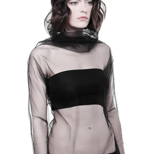 Black Mesh turtleneck top Tulle top Avant Garde top Long sleeve sheer turtleneck top Futuristic Cyberpunk top High neck Transparent t-shirt