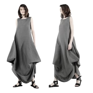Lagenlook Dress Linen parachute pinafore dress Boho maxi dress Grey linen draped dress Avant Garde dress Deconstructed asymmetrical dress