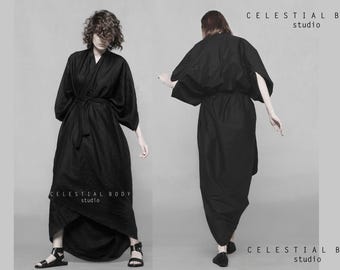 Japanese Avant-garde linen kimono style wrap dress. Linen  Cocoon cardigan. Boho Kimono duster. Avant garde clothing