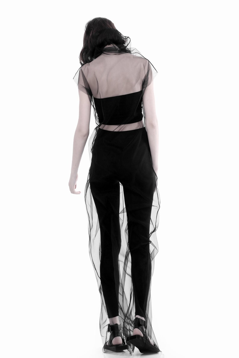 Women's turtleneck techwear dress Black sheer overdress Futuristic Cyberpunk dress Fairy Grunge dress Alternative clothing Mesh dress