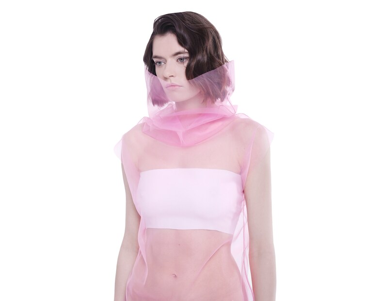 High neck Pink sheer mesh top Rave festival outfit Gay club wear Transparent top Futuristic clothing Cyberpunk outfit Tulle turtleneck top
