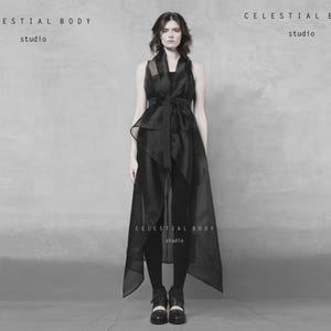 Avant garde dress. Long Asymmetrical Black silk organza wrap top. Organza overlay dress.
