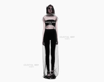 Futuristic dress Black mesh dress Tulle overlay dress Sheer overdress Rave dress Transparent dress Techwear women