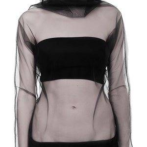 Black Mesh turtleneck top Tulle top Avant Garde top Long sleeve sheer turtleneck top Futuristic Cyberpunk top High neck Transparent t-shirt image 5