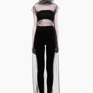 Goth Industrial dress Futuristic dress Black sheer overdress Goth rave festival outfit Burning man clothes Transparent mesh cover up dress